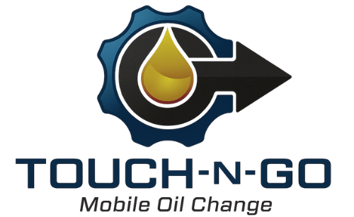 Logo for Touch-N-Go Mobile Oil Change: Gear and oil drop graphic with a black arrow; text