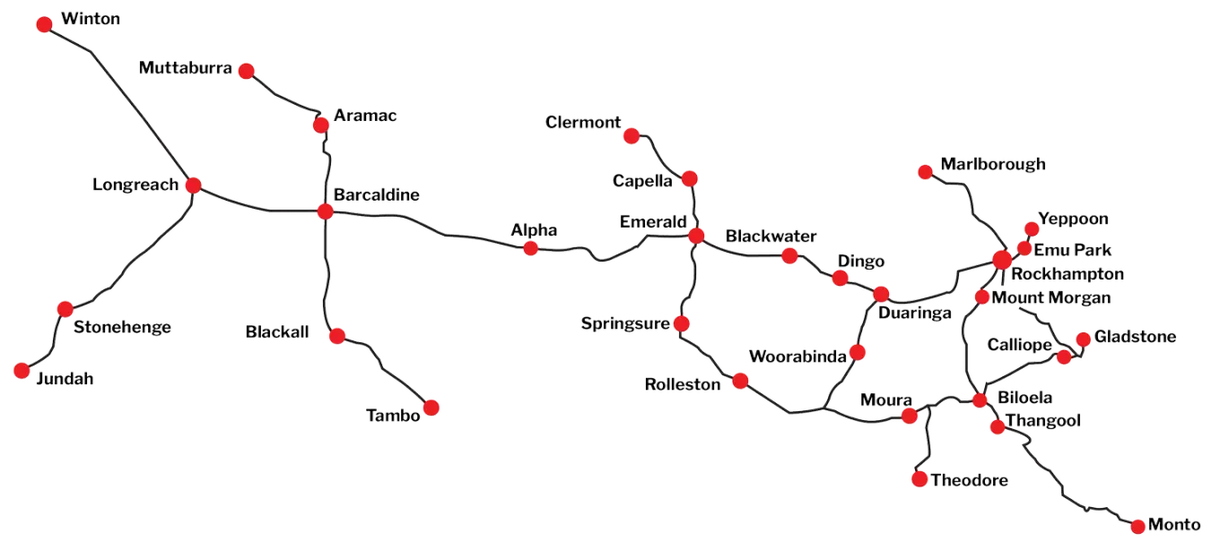 Route map with red dots and labels showing locations connected by black lines on a white background