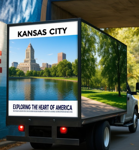 A billboard truck displays a Kansas City advertisement featuring a landmark building by a river and a park landscape.