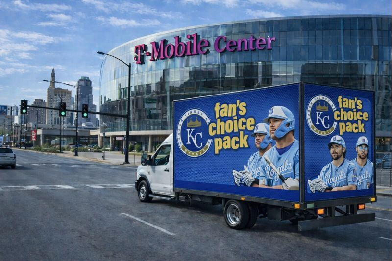 A truck with a "fan's choice pack" ad featuring Kansas City baseball players drives past the T-Mobile Center in Kansas City.