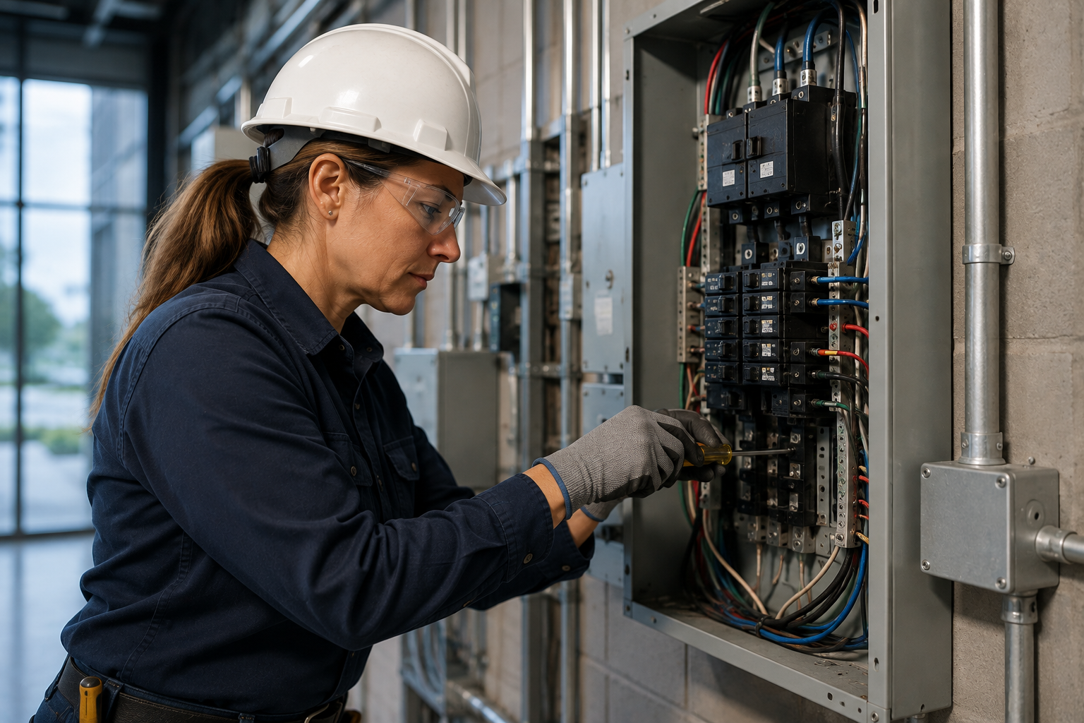 Technician in hard hat inspects wiring inside an open electrical control panel.