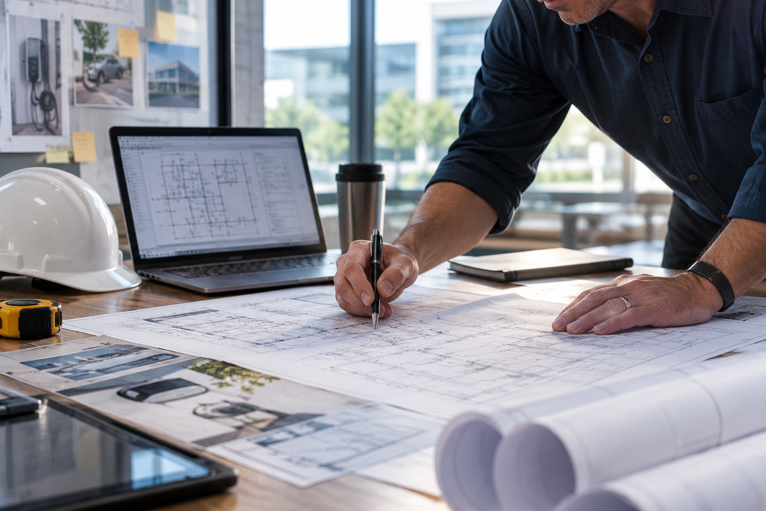Person sketching plans on blueprints at a desk with a laptop and rolled drawings in an office