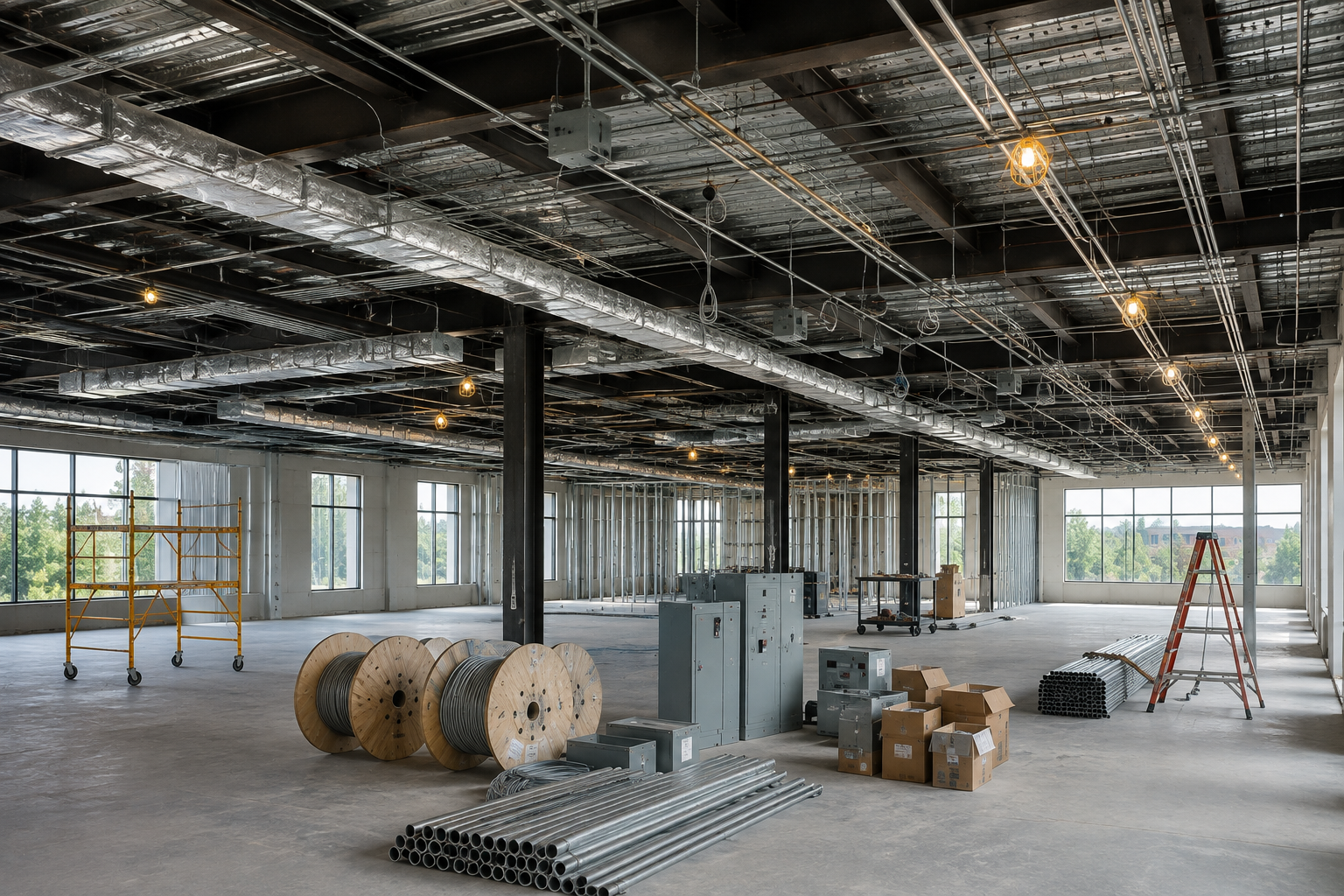 Empty office interior under construction with exposed ceiling, cables, ladders, and construction materials.