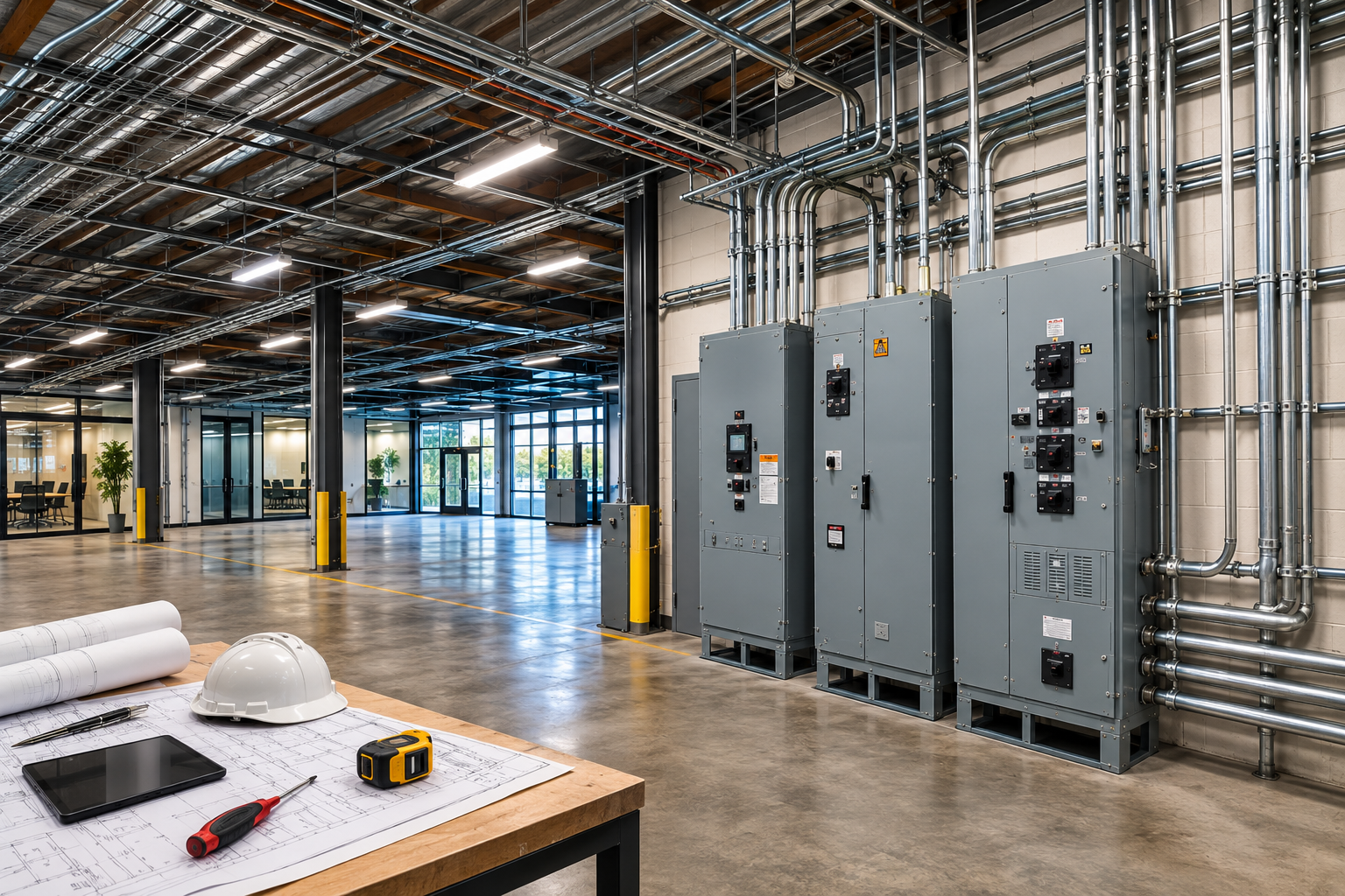 Industrial warehouse interior with electrical control panels, exposed conduit, and a workbench in the foreground