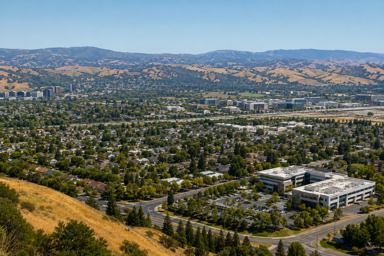 Panoramic view of a suburban city with houses, roads, and distant hills under a clear sky