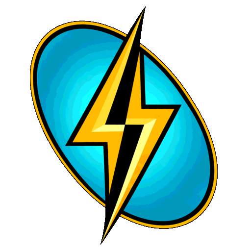 Blue oval icon with a yellow lightning bolt and black outline