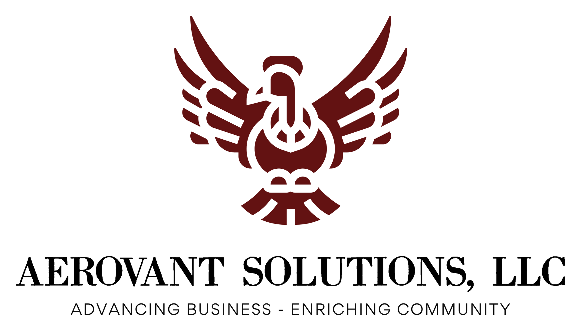 Maroon winged emblem above “AEROVANT SOLUTIONS, LLC” with tagline “Advancing Business - Enriching Community”