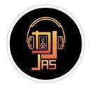 A logo for a dj with headphones and speakers in a circle.