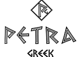 A black and white logo for petra greek is on a white background.