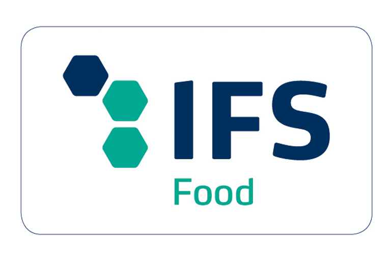 Logo di IFS Food nei colori blu e verde acqua su sfondo bianco rettangolare con angoli arrotondati.