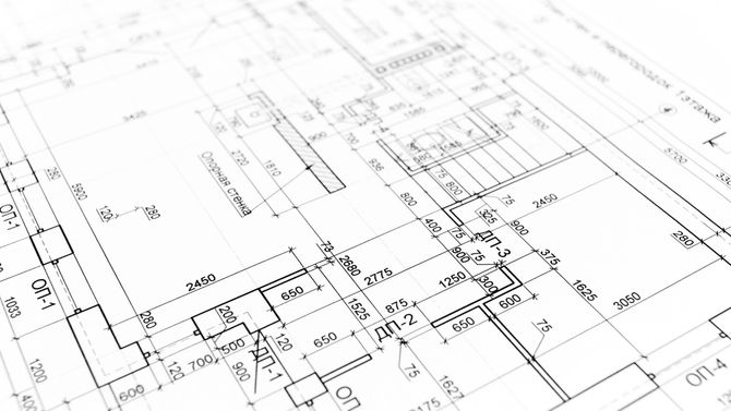 A technical black-and-white architectural floor plan with measurement annotations, viewed at an angle.