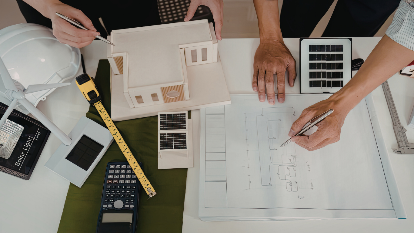 Two people working at a table with an architectural model, blueprints, tools, and a calculator from a top-down perspective.