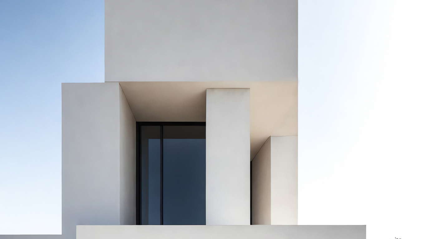 Minimalist white building facade with rectangular volumes, deep recessed shadows, and a central glass window.