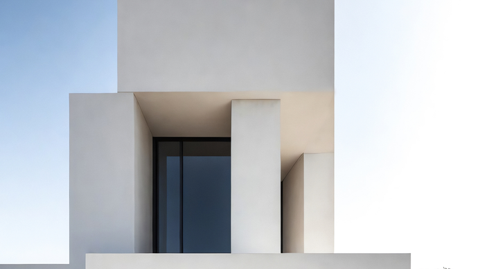Minimalist white building facade with rectangular volumes, deep recessed shadows, and a central glass window.