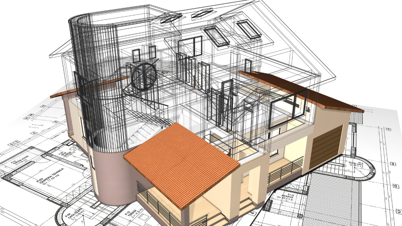 A 3D model of a house with a tall turret, blending wireframe structural lines with rendered terracotta roofs.