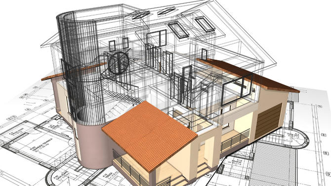 A 3D model of a house with a tall turret, blending wireframe structural lines with rendered terracotta roofs.