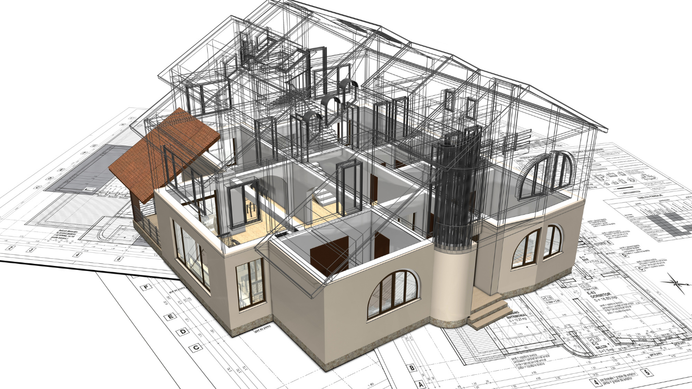 A 3D architectural model of a house house frame sitting on top of detailed technical floor plans.