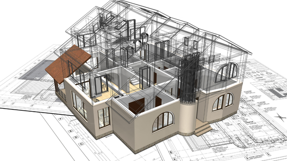 A 3D architectural model of a house house frame sitting on top of detailed technical floor plans.