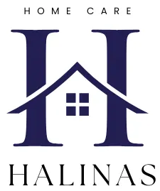 Halina's Home Care Navy blue "H" shaped house logo with the text "HOME CARE" above and "HALINAS" below.
