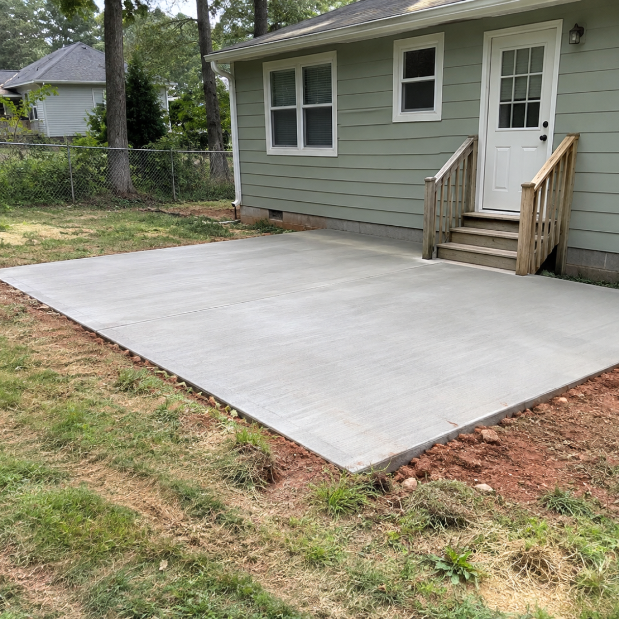 Backyard concrete patio next to a lawn on a residential lot in Durham, NC