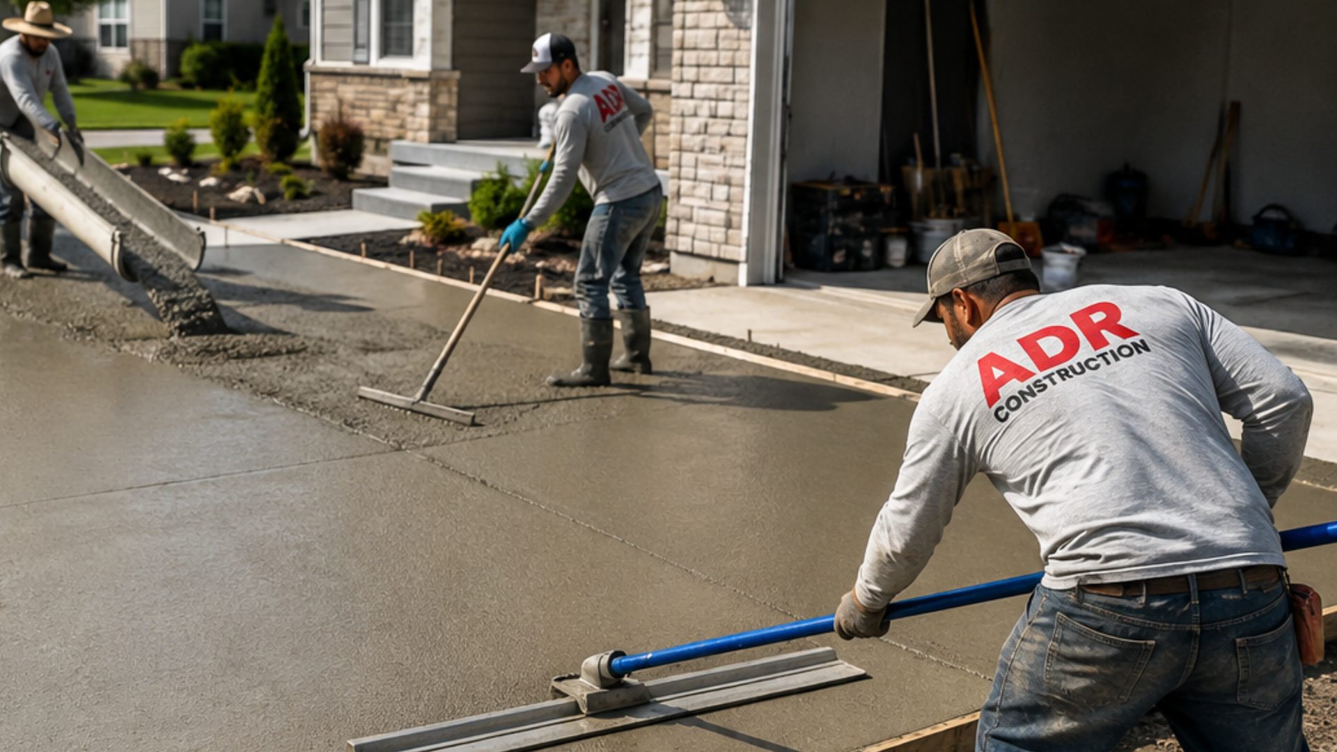 ADR Construction crew finishing a freshly poured concrete driveway 