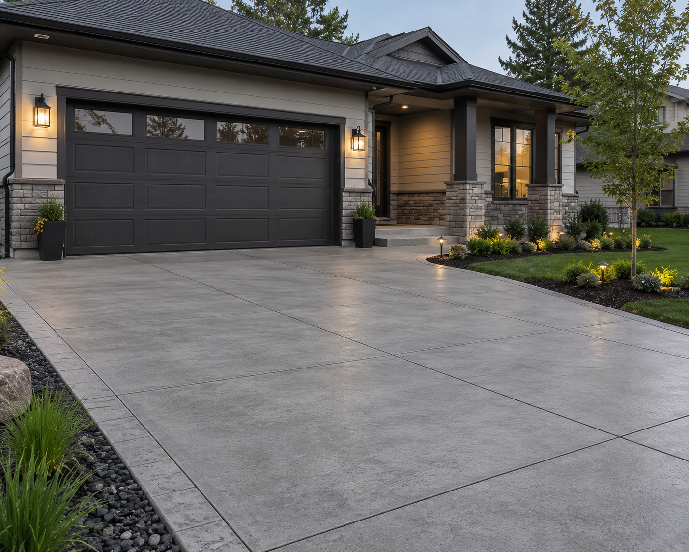 Modern suburban house with a dark garage door, stone accents, and a wide concrete driveway at dusk