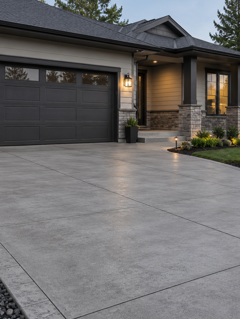 Modern home exterior with dark garage door, stone entry, and wide concrete driveway at dusk