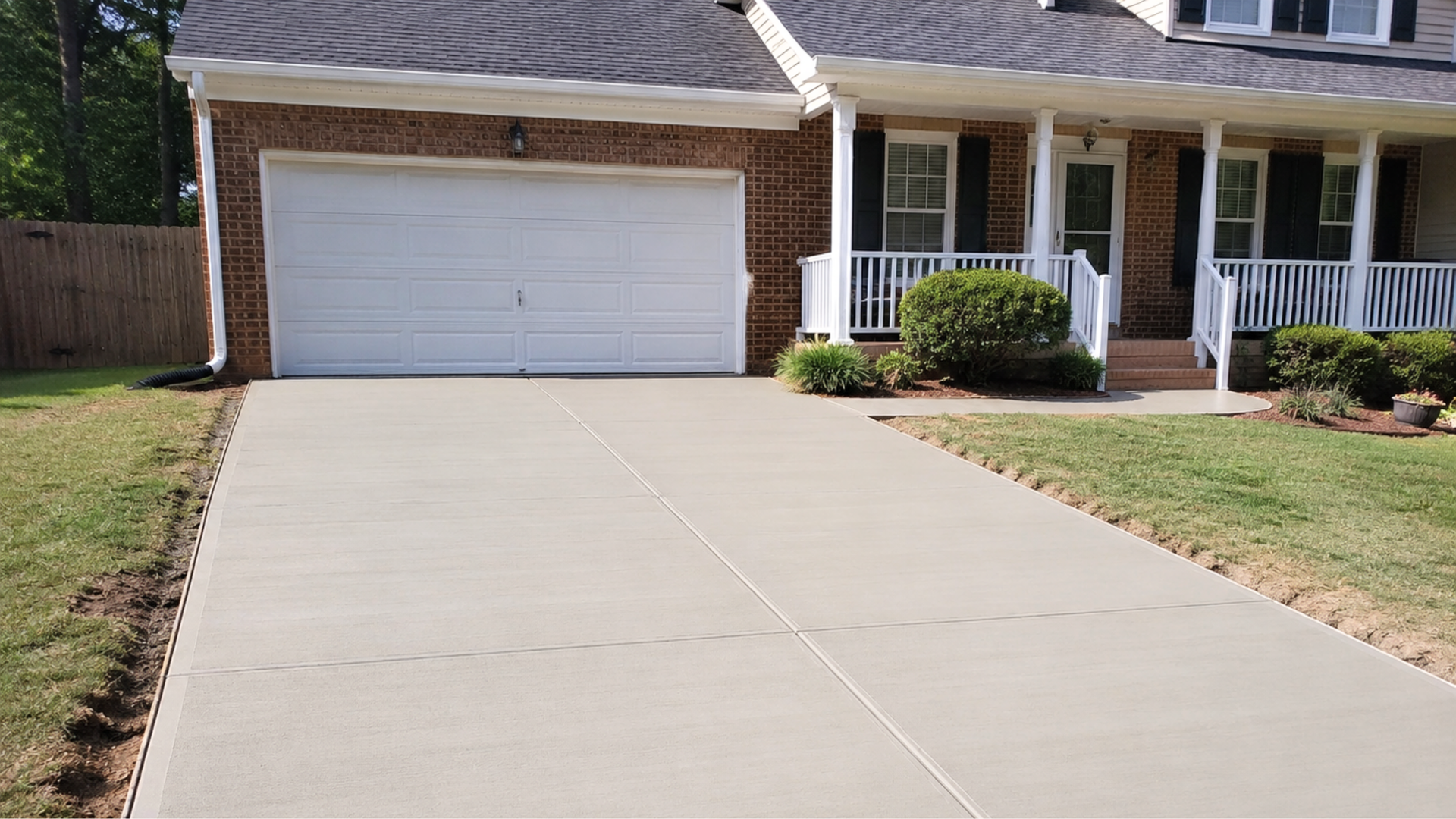 Newly poured two-car concrete driveway with broom finish at a Durham, NC home