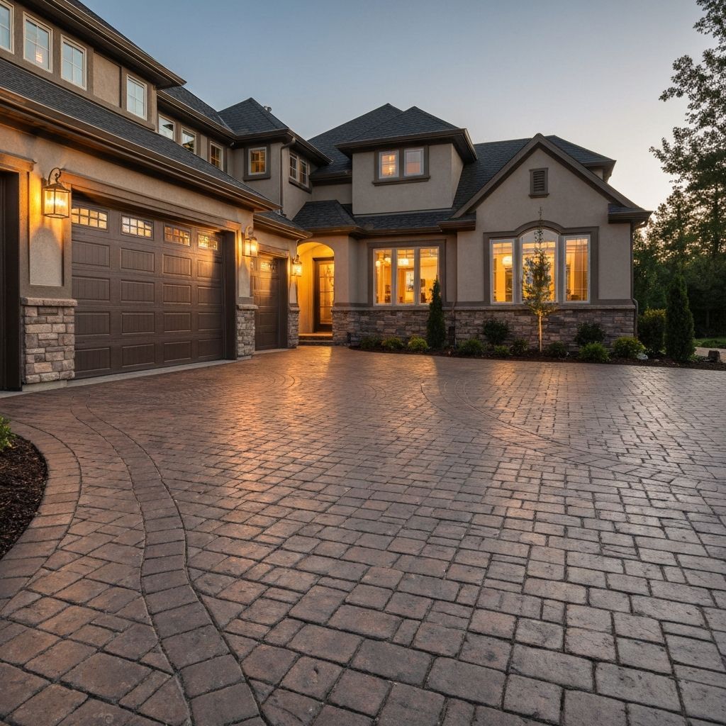 Luxury suburban house with warm lights, stone driveway, and attached garage at dusk