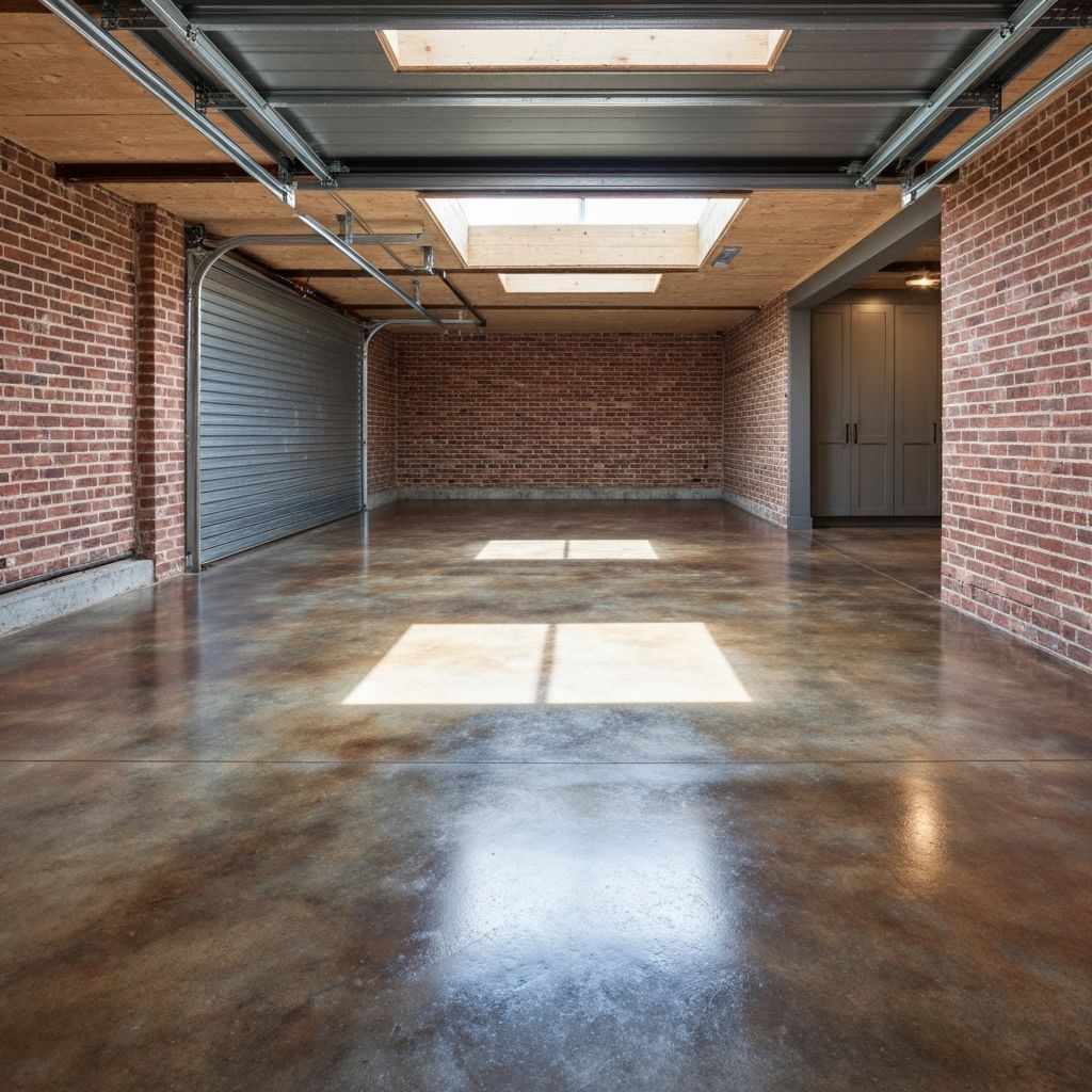Empty brick-walled industrial room with polished concrete floor and skylights overhead