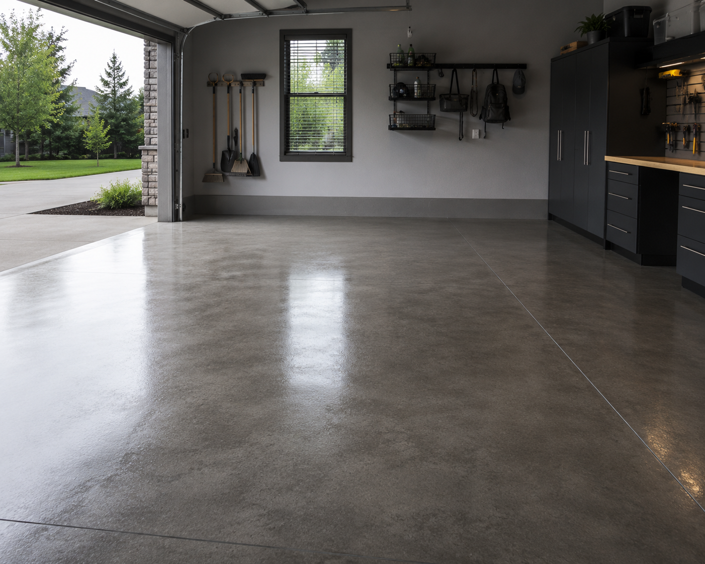 Empty modern garage with polished concrete floor, open door, wall shelves, and workbench area
