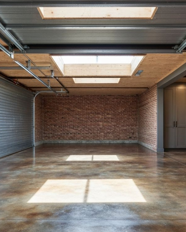 Empty brick-walled garage with open ceiling skylights and sunlight on polished concrete floor