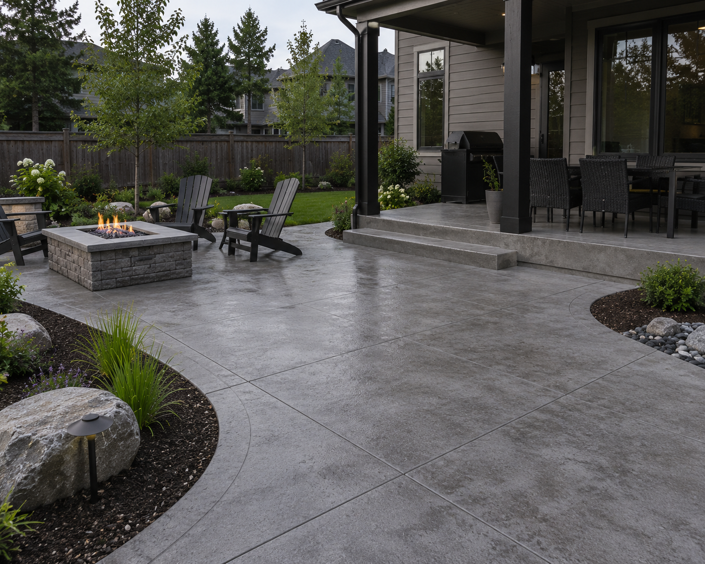 Rain-soaked backyard patio with stone fire pit, chairs, and a covered porch beside a landscaped garden.