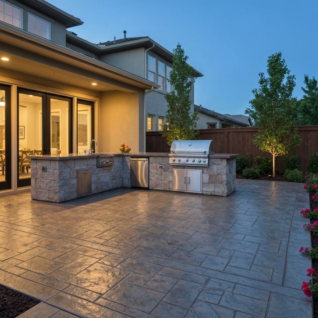Backyard patio at dusk with stone pavers, built-in grill, and warmly lit house doors