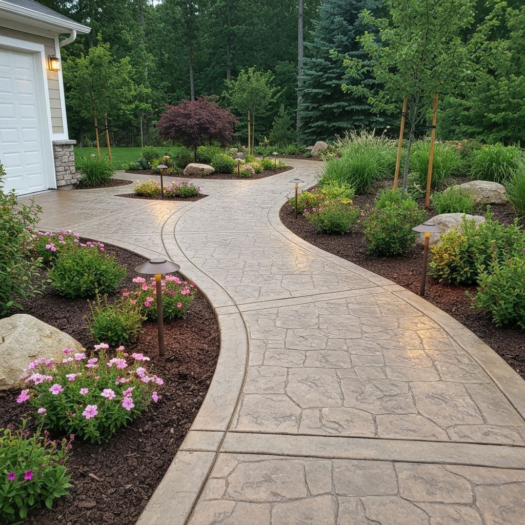 Curved stone garden path beside blooming flower beds and shrubs next to a house