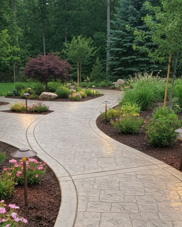 Curving stone garden path through landscaped beds with flowers, shrubs, and tall evergreen trees