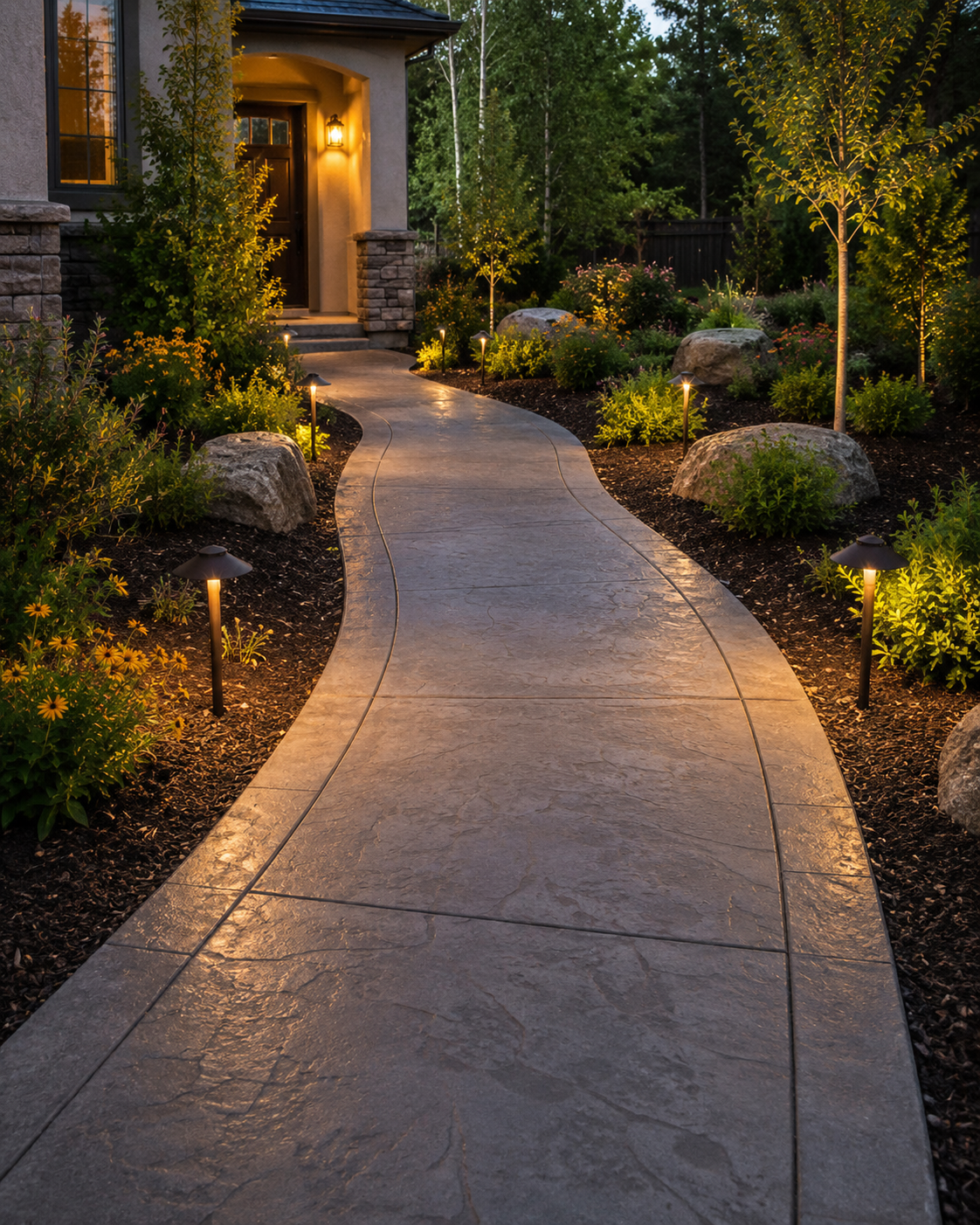 Curved stone garden walkway lit by warm landscape lights beside a house at dusk