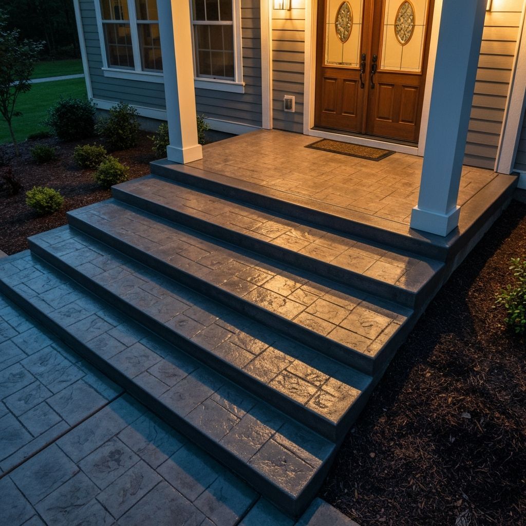 Front porch steps with dark blue trim leading to a warmly lit wooden front door at dusk