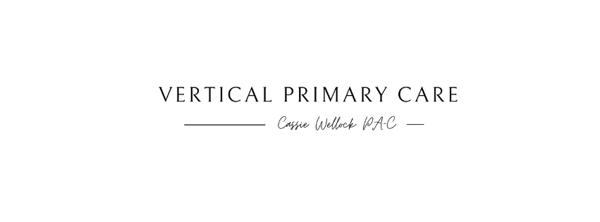Logo for Vertical Primary Care with a thin line and cursive tagline on a white background