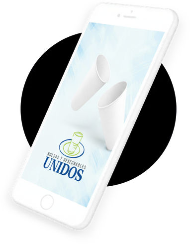 Smartphone blanco con el logotipo de UNIDOS sobre un fondo circular negro.