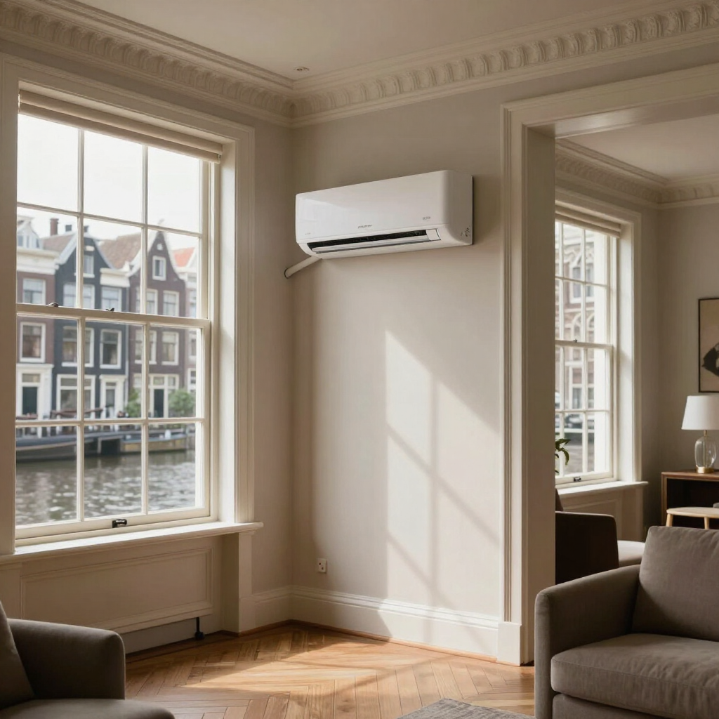Slanke airco binnenunit hoog aan de muur in een rustig ingerichte woonkamer
