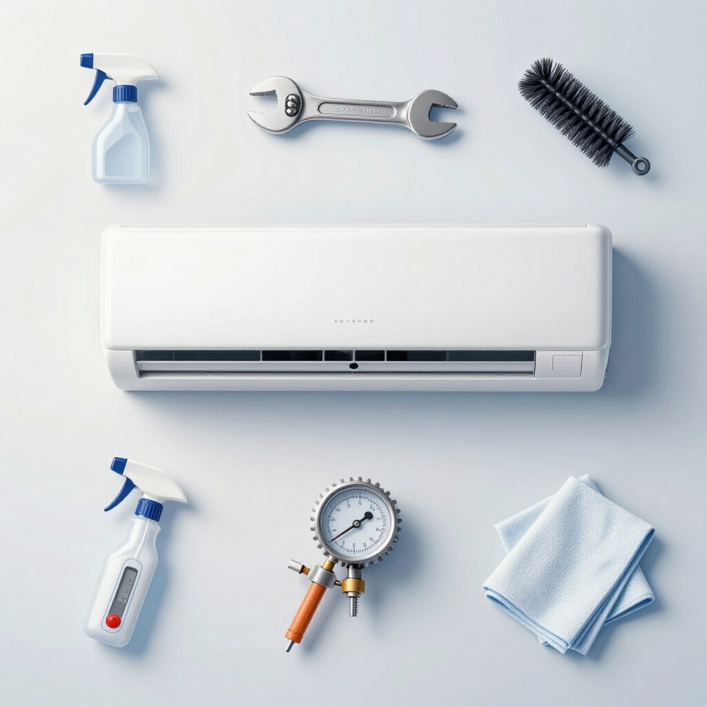 Monteur aan het werk aan een split airco tijdens onderhoud