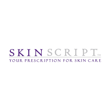 Logo for Skin Script skincare, with text in purple and gray. 