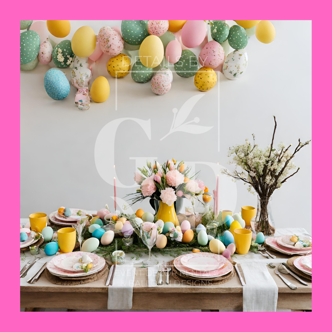 Easter table setting with colorful eggs, floral centerpiece, and yellow cups.