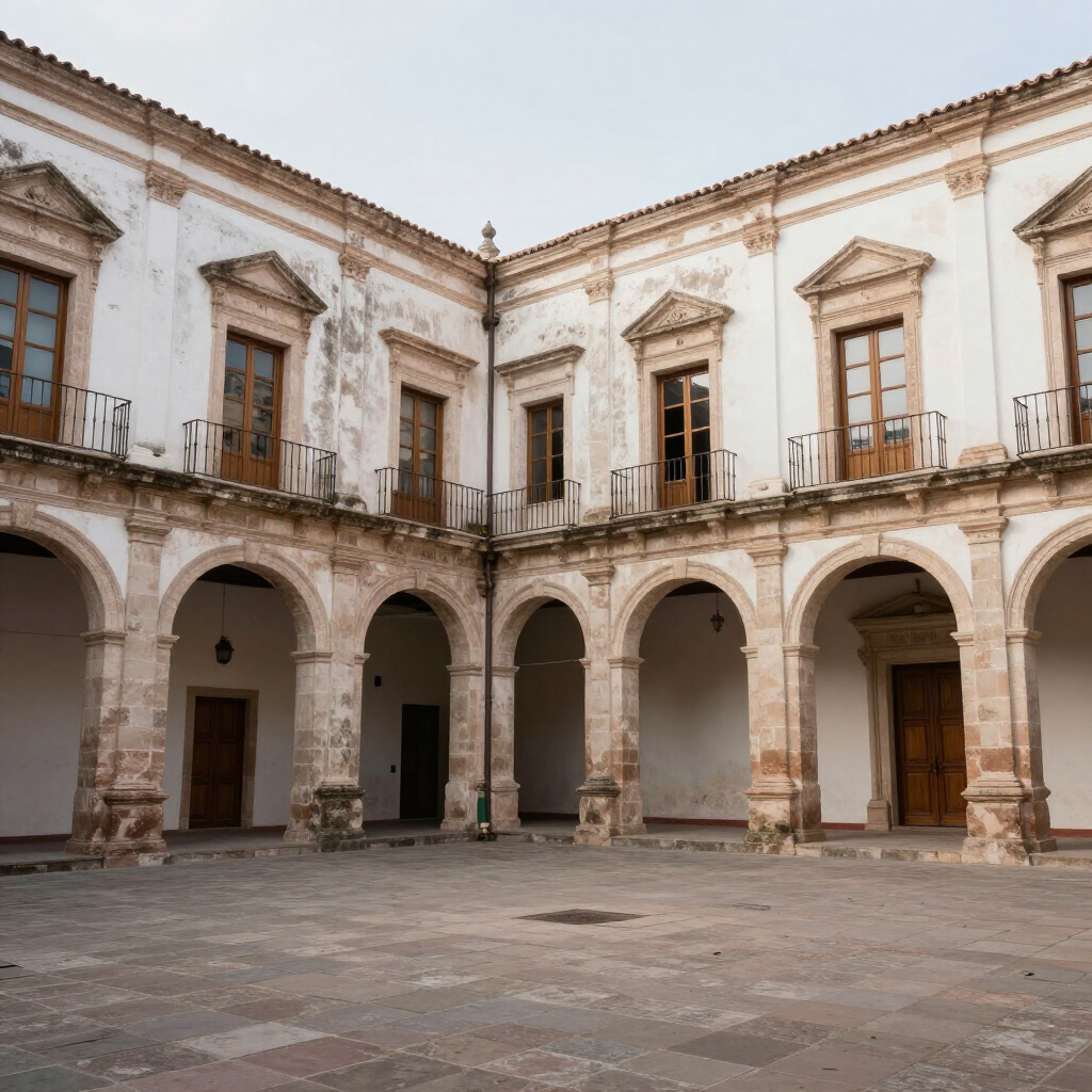 Patio histórico con una columnata de arcos y muros de piedra blanca desgastados bajo el cielo abierto
