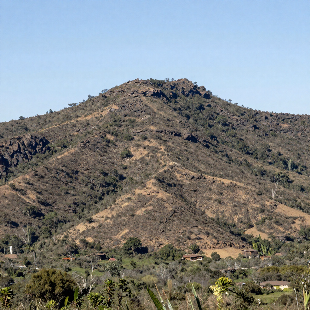 Cresta montañosa seca y rocosa bajo un cielo azul despejado, con vegetación dispersa y algunas casas al pie de la montaña