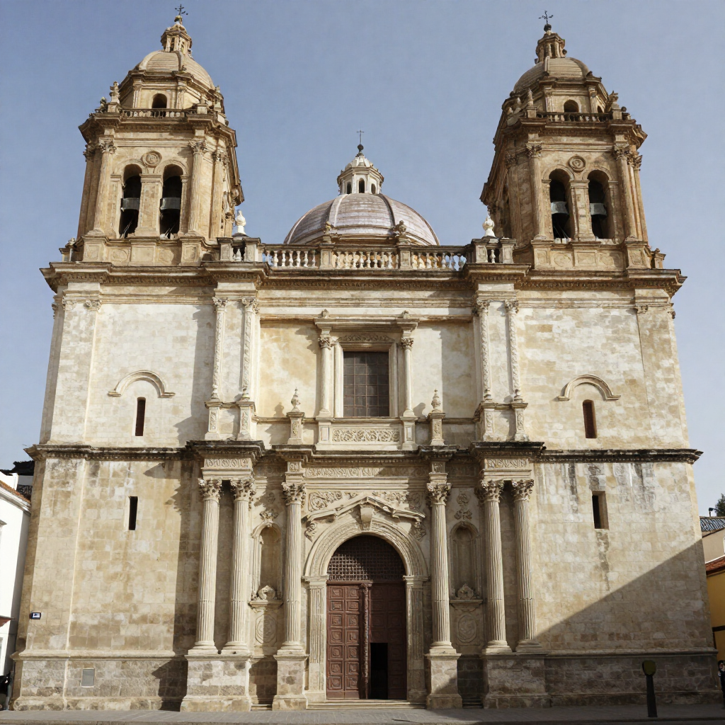 Fachada histórica de una catedral de piedra, con dos campanarios y una cúpula central bajo un cielo azul despejado