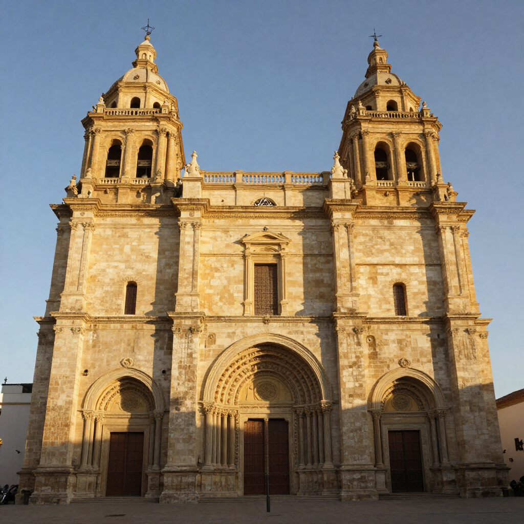 Catedral histórica de piedra, con dos campanarios gemelos y tres puertas arqueadas bajo la cálida luz del sol