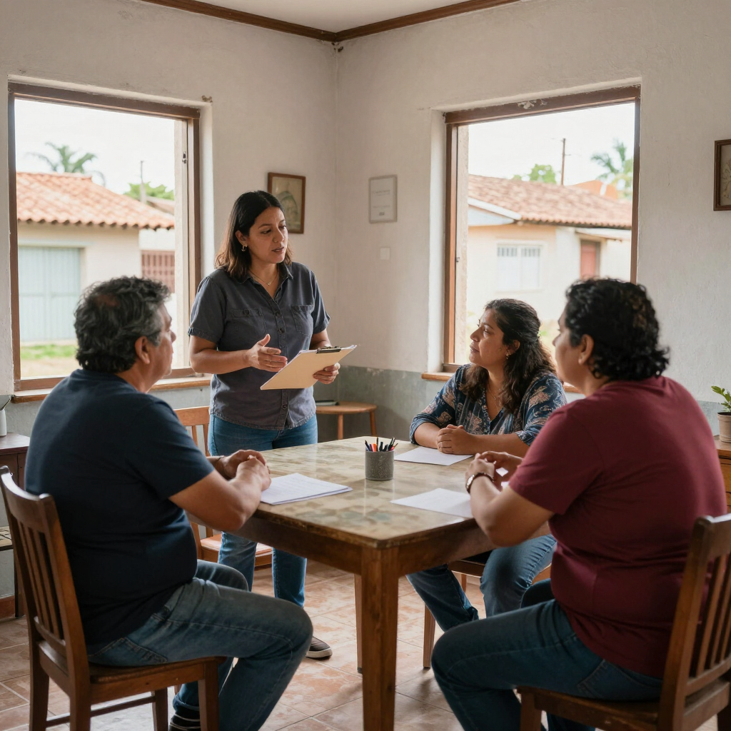 Reunión de grupo alrededor de una mesa en una sala luminosa, con una persona presentando unas notas.