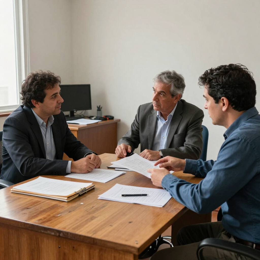 Tres personas reunidas alrededor de una mesa de madera, revisando documentos en una oficina.